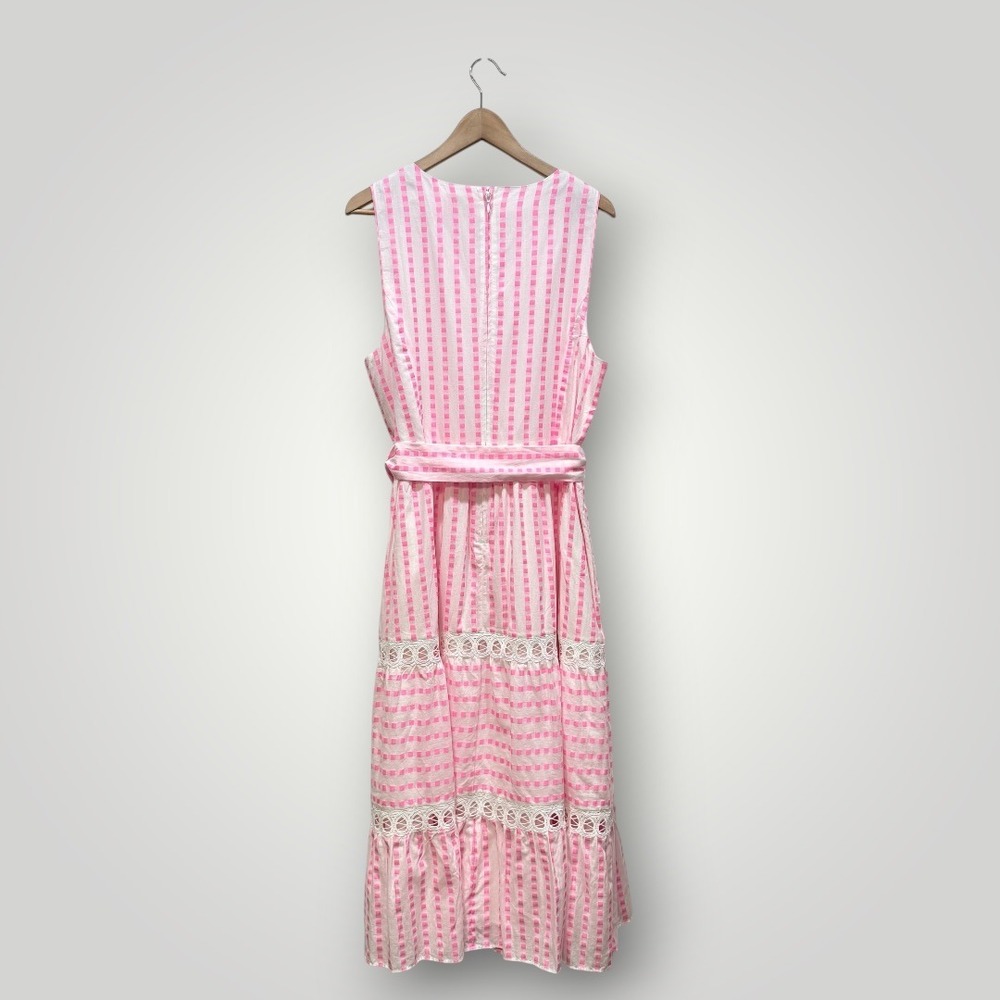 Lilly Pulitzer Maybella Midi Dress Pink Isle Gingham Stripe Lace Trim 16 NEW - Picture 6 of 10